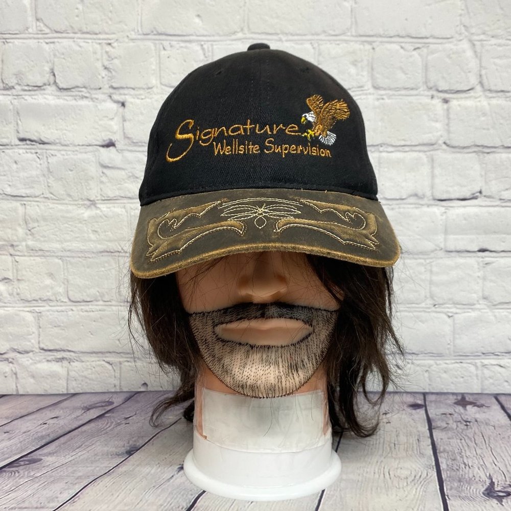 Vintage 90s Hat Cap Strap Back Black Signature Wellsite Supervision Eagle Logo